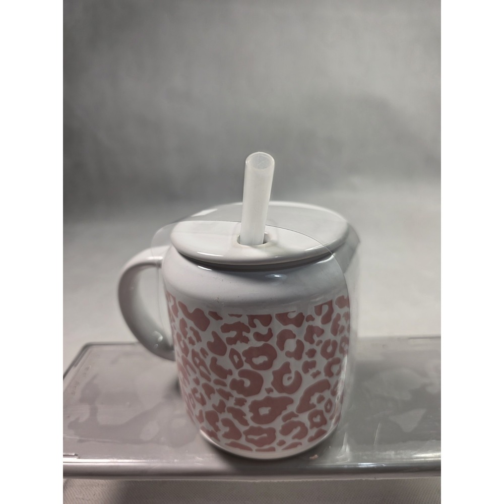 New Pink Leopard Print 18oz Sturdy Ceramic Lidded Mugs W/ Straws  NWOT